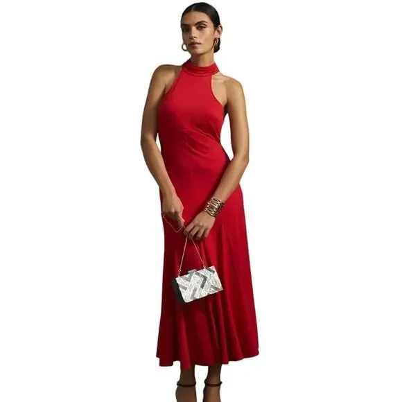 Anthropologie | Dresses | Nwt Anthropolgie Maeve Halter Midi Dress Size  Large Red Cocktail Formal Wedding | Poshmark
